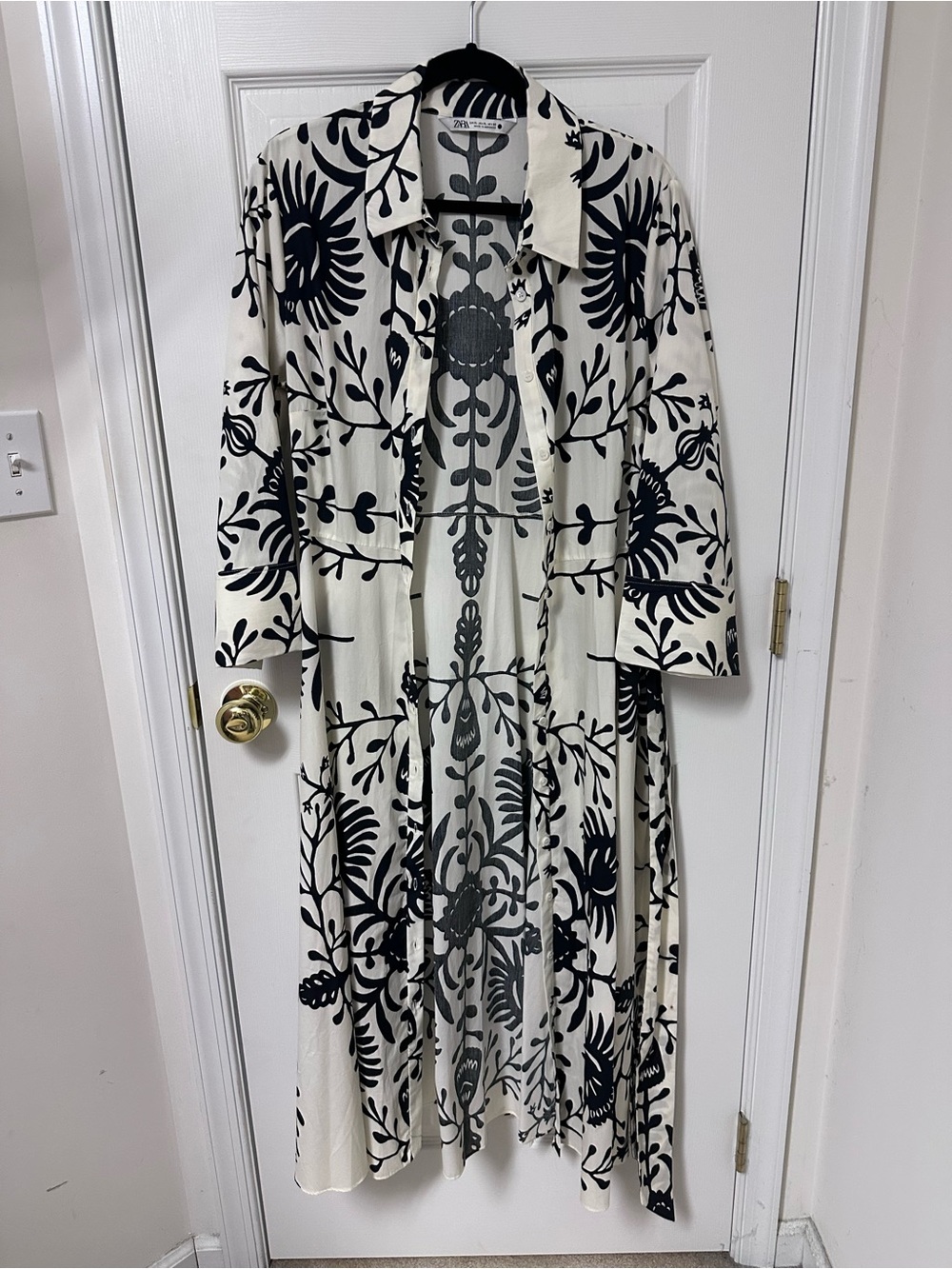 Zara Black & Cream Botanical Print Shirt Dress